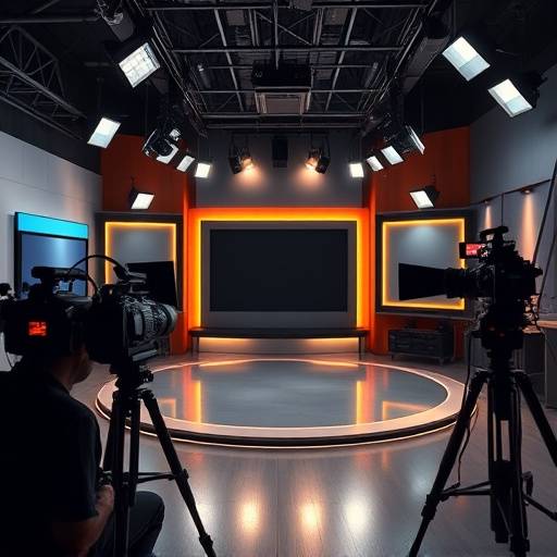 Vista interior de un estudio de televisión moderno con luces y cámaras listas para la grabación.